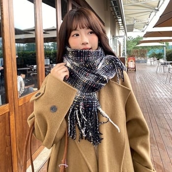 Голям шал с ивици и каре, полиестер, warp-knit тъкане, топлина за зима, удължен и универсален стил