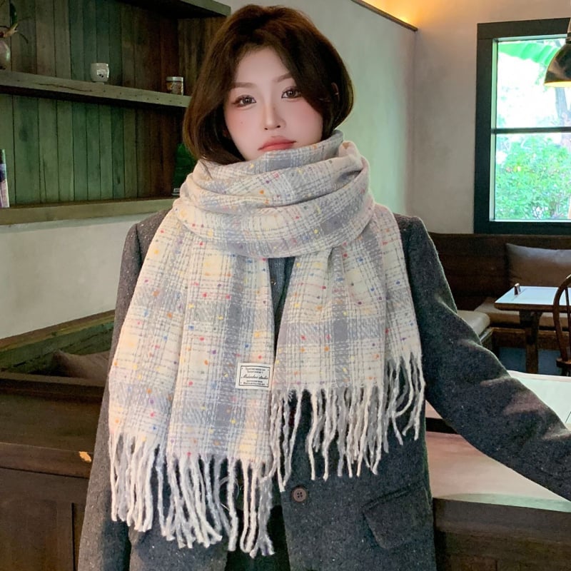 Голям шал с ивици и каре, полиестер, warp-knit тъкане, топлина за зима, удължен и универсален стил