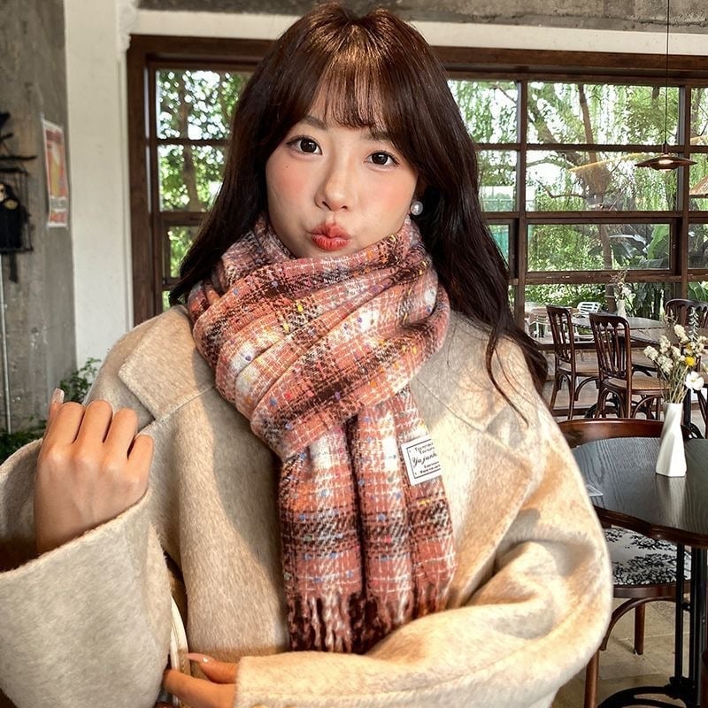 Голям шал с ивици и каре, полиестер, warp-knit тъкане, топлина за зима, удължен и универсален стил