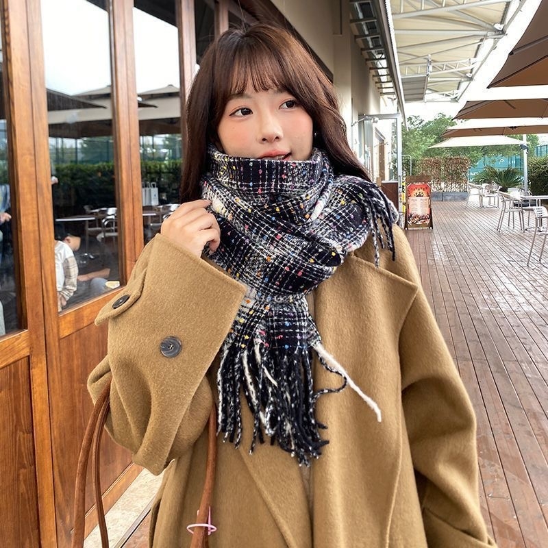 Голям шал с ивици и каре, полиестер, warp-knit тъкане, топлина за зима, удължен и универсален стил