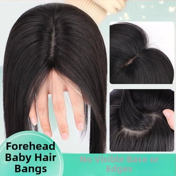 Topper de păr din păr natural, fără cusături, într-un singur bloc, complet lucrat manual, oferă volum și acoperire a părului alb, breton drept sau înclinat