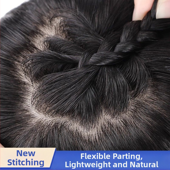 Topper de păr din păr natural, fără cusături, într-un singur bloc, complet lucrat manual, oferă volum și acoperire a părului alb, breton drept sau înclinat