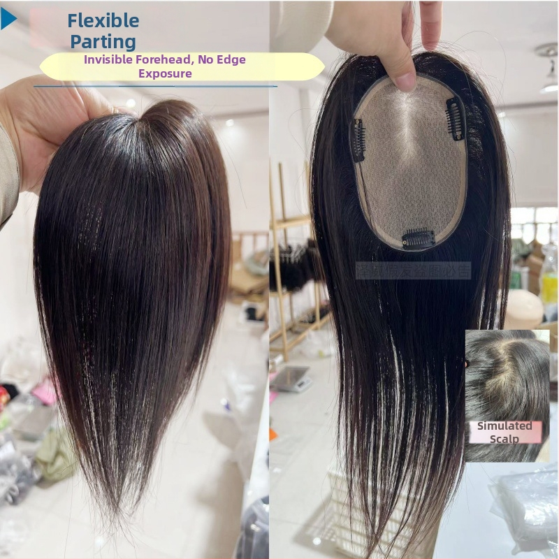 Topper de păr din păr natural, fără cusături, într-un singur bloc, complet lucrat manual, oferă volum și acoperire a părului alb, breton drept sau înclinat