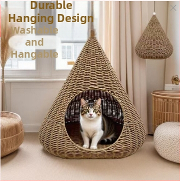 Κλουβί γάτας από PE, συνθετικό ρατάν με πλέξη, ημικλειστή κατασκευή, για όλες τις εποχές, εσωτερική χρήση