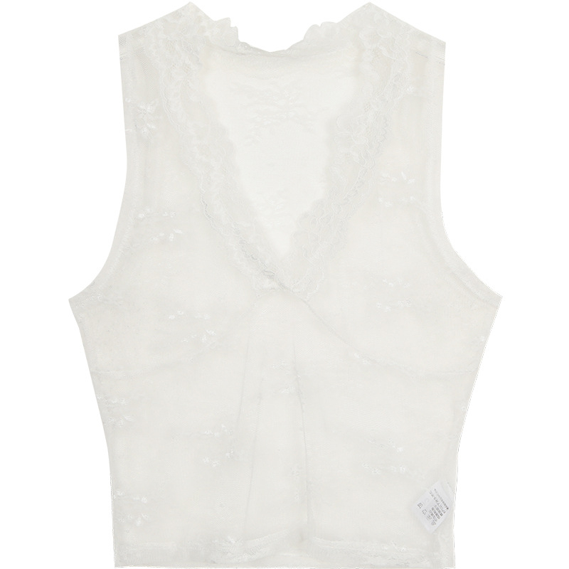 Poliestersko usko prilagođeno bez rukava gornji dio s čipkom i polo ovratnikom, jednoubojni uzorak (glavni sadržaj tkanine 30-50%)