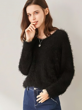 Női V-nyakú pulóver laza szabásban, hosszú ujjú, faux Mink velúr anyag, poliészter 50–70%, akril 30–50%