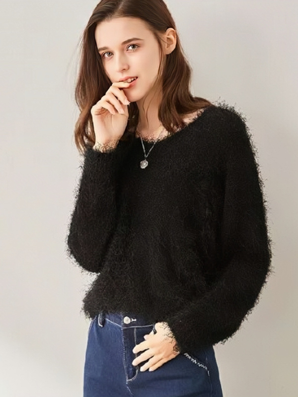 Női V-nyakú pulóver laza szabásban, hosszú ujjú, faux Mink velúr anyag, poliészter 50–70%, akril 30–50%