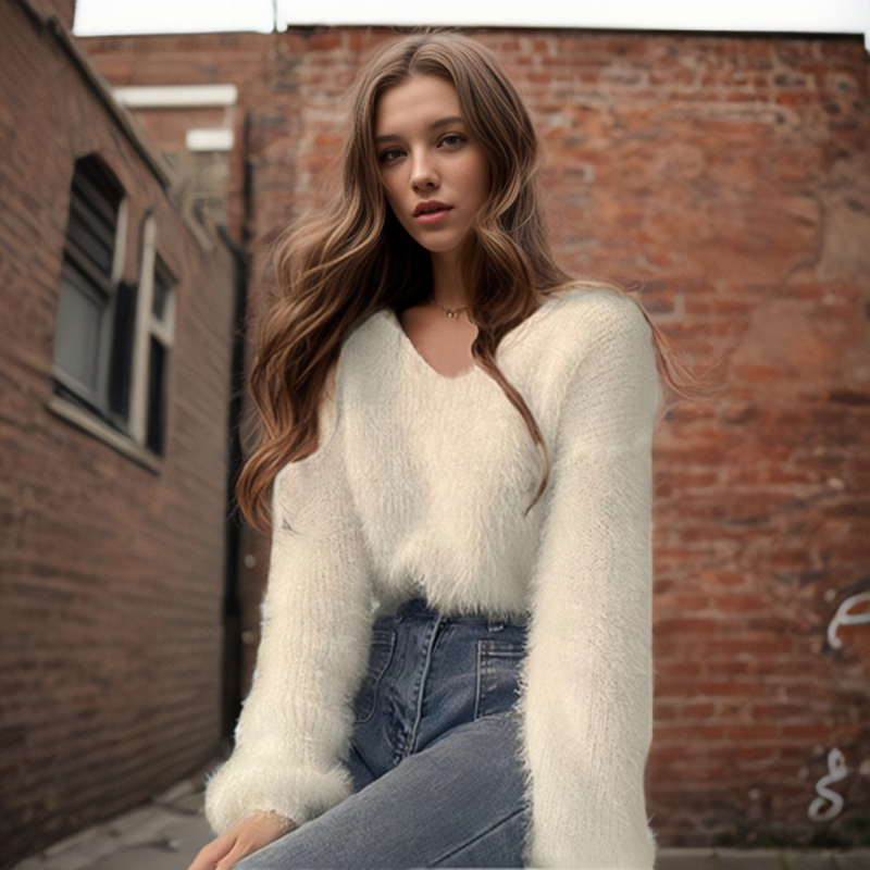 Női V-nyakú pulóver laza szabásban, hosszú ujjú, faux Mink velúr anyag, poliészter 50–70%, akril 30–50%