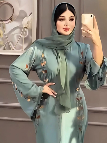 Abaya haljina, dugi rukavi, V-izrez, visoki struk, A-linija, Tencel tkanina