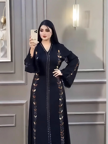 Abaya haljina, dugi rukavi, V-izrez, visoki struk, A-linija, Tencel tkanina
