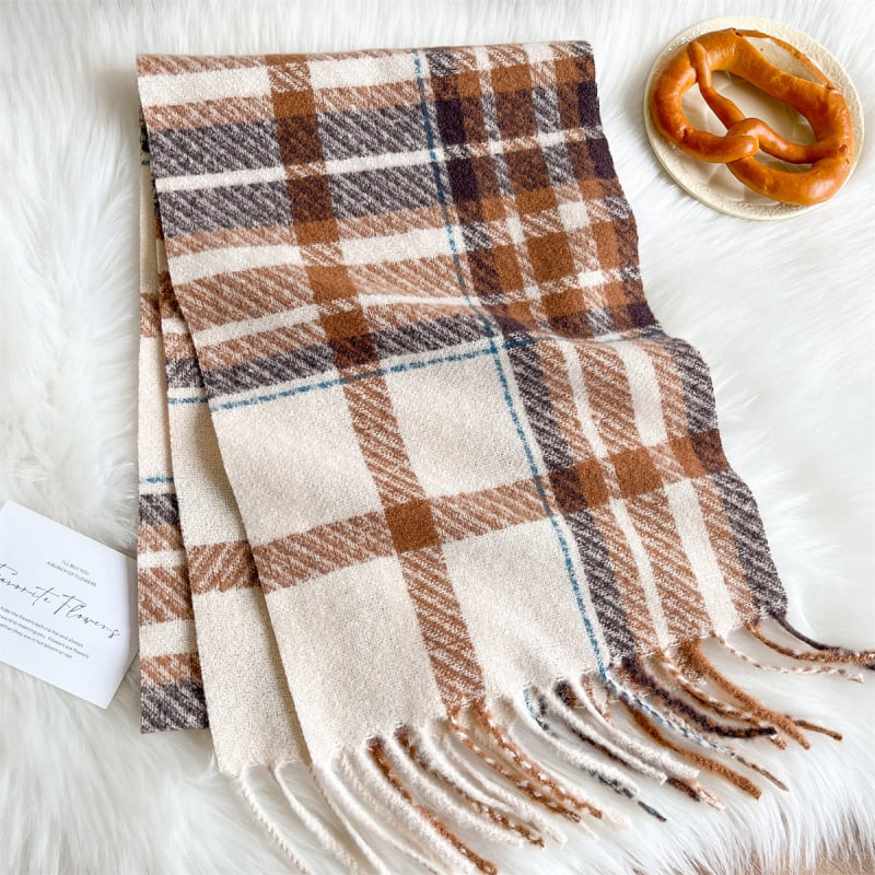 Ženski zimski šal s resicama, karirani geometrijski uzorak, warp pletenje, poliester (imitacija kašmira), topao, srednje duljine