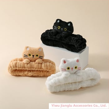 Bandă de față pentru curățare cu urechi de pisică, pluș, antiderapant, model pătrat — Jianglu Jewelry