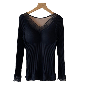 Női meleg top V-nyakú csipkés széllel, mellkasbetéttel, fleece bélés, dupla rétegű, hosszú ujjú