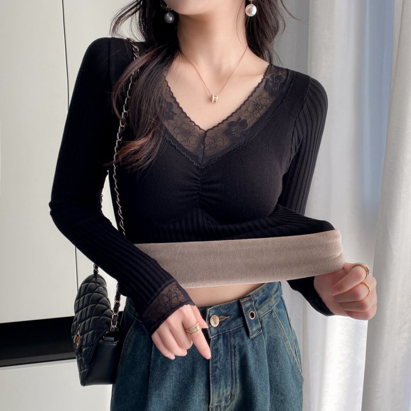 Női meleg top V-nyakú csipkés széllel, mellkasbetéttel, fleece bélés, dupla rétegű, hosszú ujjú