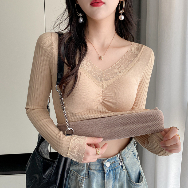 Női meleg top V-nyakú csipkés széllel, mellkasbetéttel, fleece bélés, dupla rétegű, hosszú ujjú