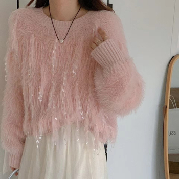 Korejski stil debeli pleteni džemper s umjetnim mink krznom, pahuljast, okrugli izrez, dugi rukav