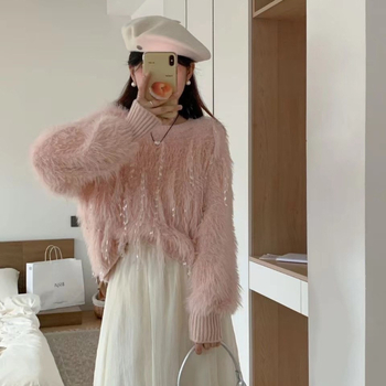 Korejski stil debeli pleteni džemper s umjetnim mink krznom, pahuljast, okrugli izrez, dugi rukav