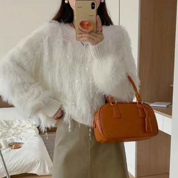 Korejski stil debeli pleteni džemper s umjetnim mink krznom, pahuljast, okrugli izrez, dugi rukav