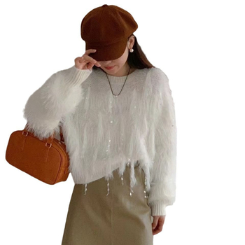 Korejski stil debeli pleteni džemper s umjetnim mink krznom, pahuljast, okrugli izrez, dugi rukav