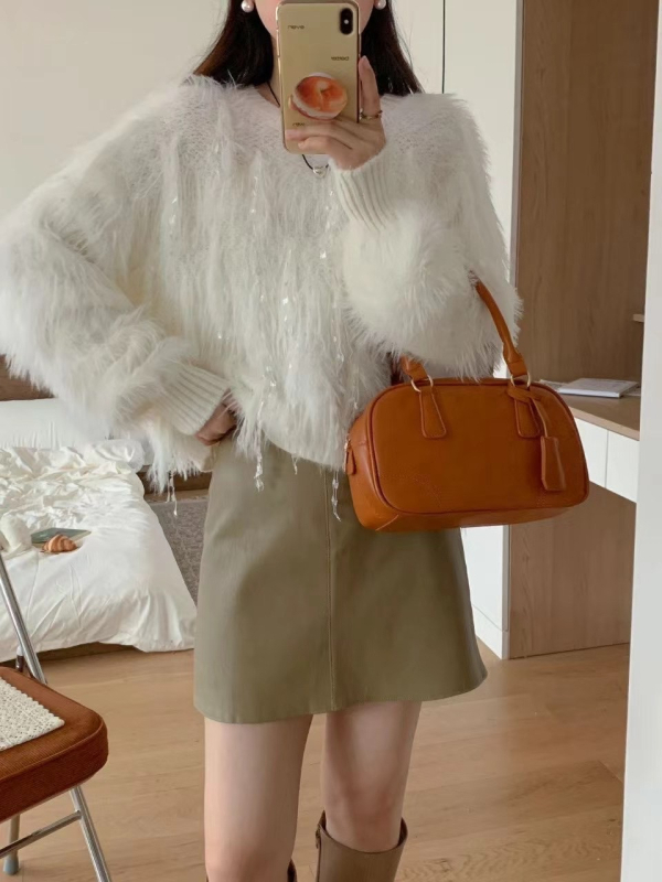 Korejski stil debeli pleteni džemper s umjetnim mink krznom, pahuljast, okrugli izrez, dugi rukav