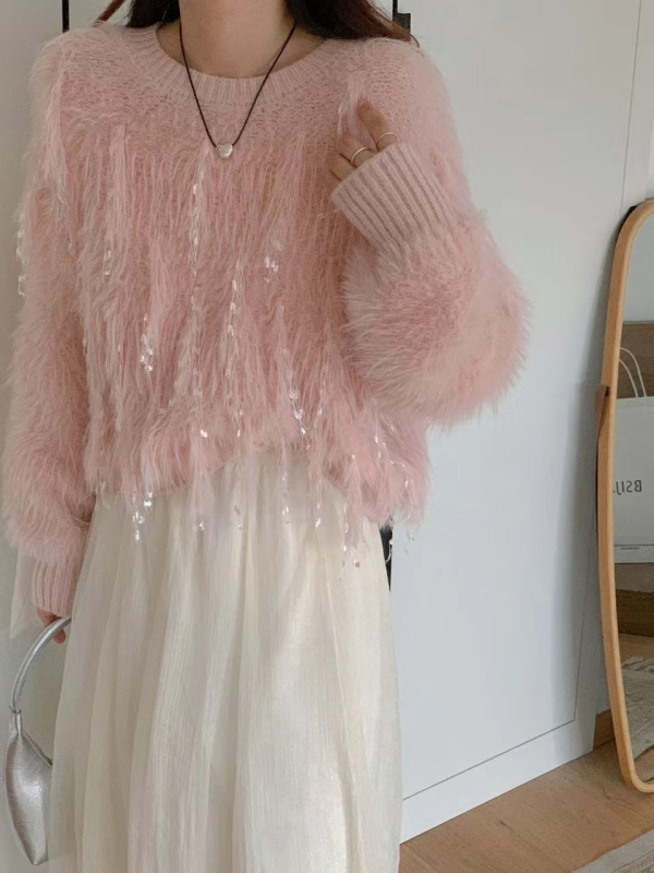 Korejski stil debeli pleteni džemper s umjetnim mink krznom, pahuljast, okrugli izrez, dugi rukav