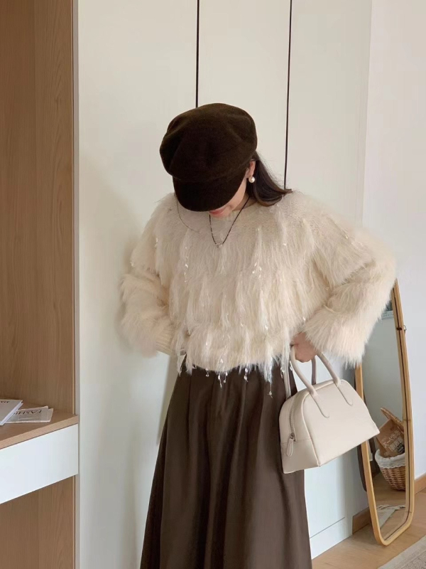 Korejski stil debeli pleteni džemper s umjetnim mink krznom, pahuljast, okrugli izrez, dugi rukav