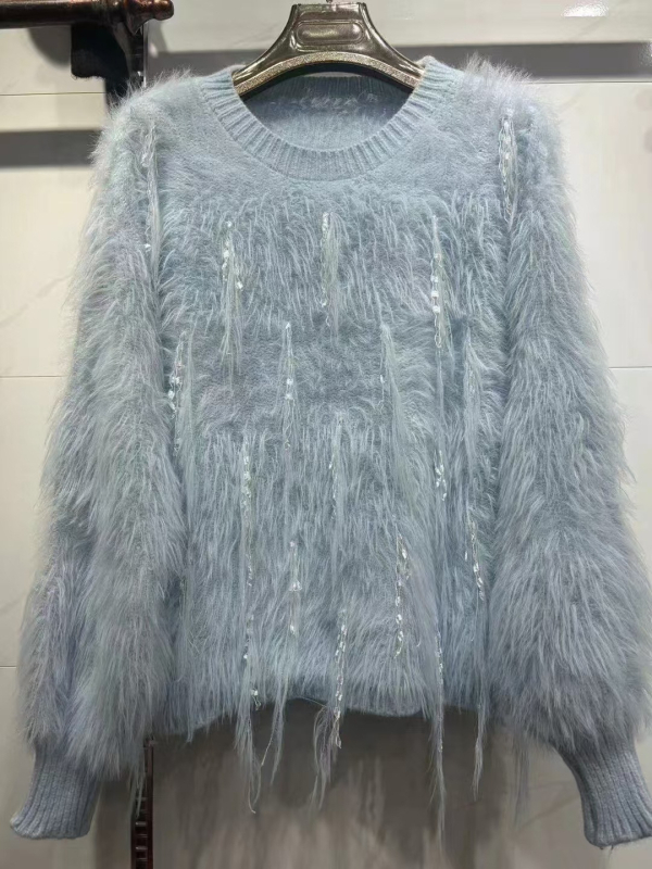 Korejski stil debeli pleteni džemper s umjetnim mink krznom, pahuljast, okrugli izrez, dugi rukav