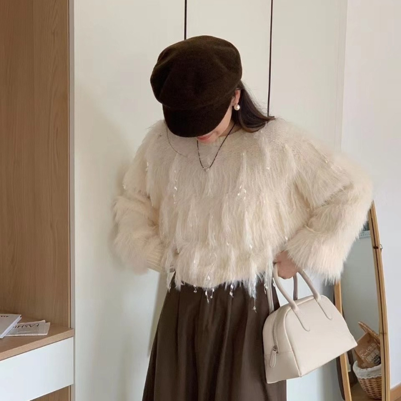 Korejski stil debeli pleteni džemper s umjetnim mink krznom, pahuljast, okrugli izrez, dugi rukav