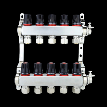Rozdeľovač vody pre podlahové vykurovanie s integrovaným dvojitým ventilom, viaccestný rozdeľovač, priemer prispôsobiteľný