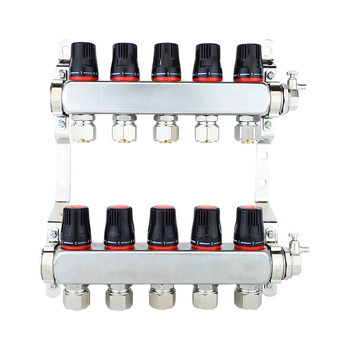 Rozdeľovač vody pre podlahové vykurovanie s integrovaným dvojitým ventilom, viaccestný rozdeľovač, priemer prispôsobiteľný