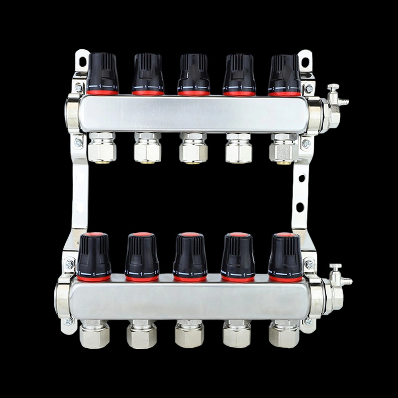 Rozdeľovač vody pre podlahové vykurovanie s integrovaným dvojitým ventilom, viaccestný rozdeľovač, priemer prispôsobiteľný