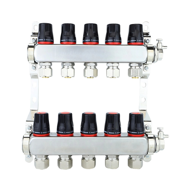 Rozdeľovač vody pre podlahové vykurovanie s integrovaným dvojitým ventilom, viaccestný rozdeľovač, priemer prispôsobiteľný