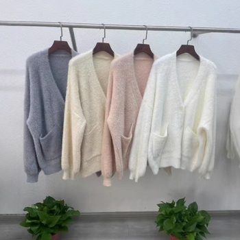 Korejski stil ležerni kardigan od umjetnog mink velura, V izrez, dugi rukavi, mješavina poliester elastan