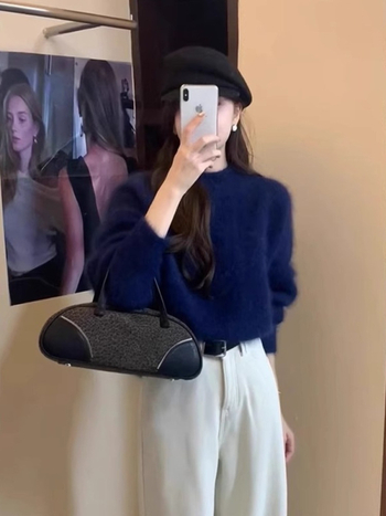 Ženski pulover slobodnog kroja s okruglim izrezom, dugi rukavi, jednobojan, poliester-spandeks mješavina, japansko-korejski casual stil