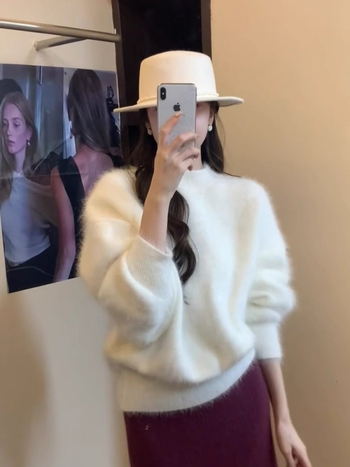 Ženski pulover slobodnog kroja s okruglim izrezom, dugi rukavi, jednobojan, poliester-spandeks mješavina, japansko-korejski casual stil