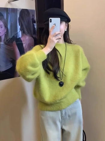 Ženski pulover slobodnog kroja s okruglim izrezom, dugi rukavi, jednobojan, poliester-spandeks mješavina, japansko-korejski casual stil