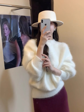 Ženski pulover slobodnog kroja s okruglim izrezom, dugi rukavi, jednobojan, poliester-spandeks mješavina, japansko-korejski casual stil