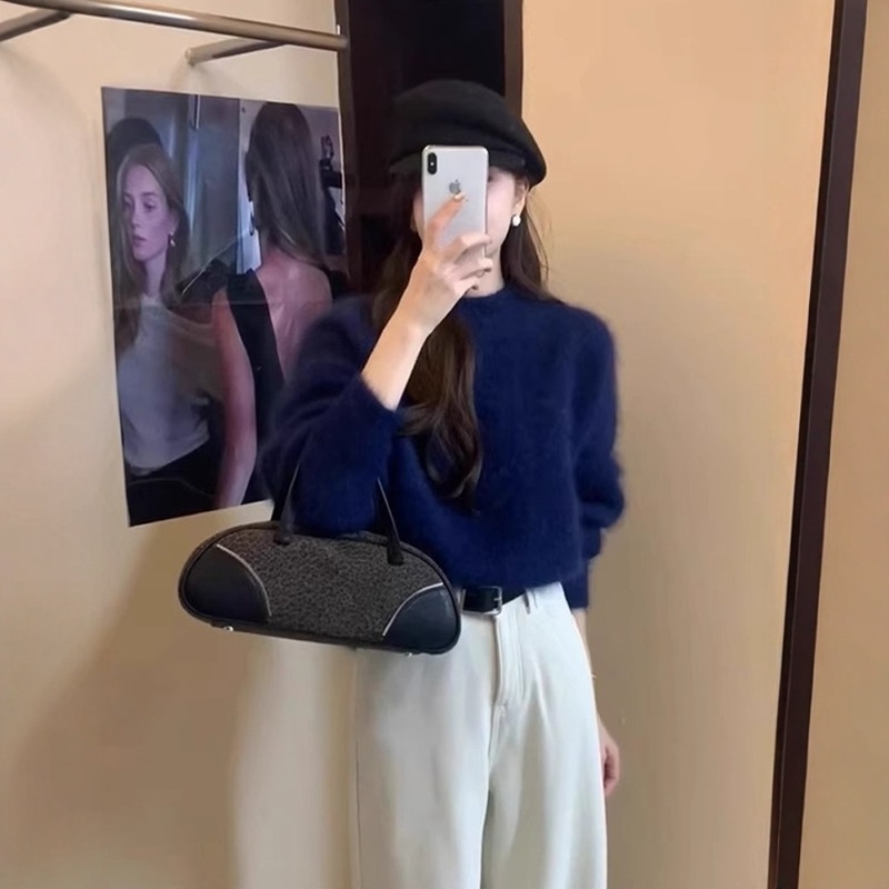 Ženski pulover slobodnog kroja s okruglim izrezom, dugi rukavi, jednobojan, poliester-spandeks mješavina, japansko-korejski casual stil