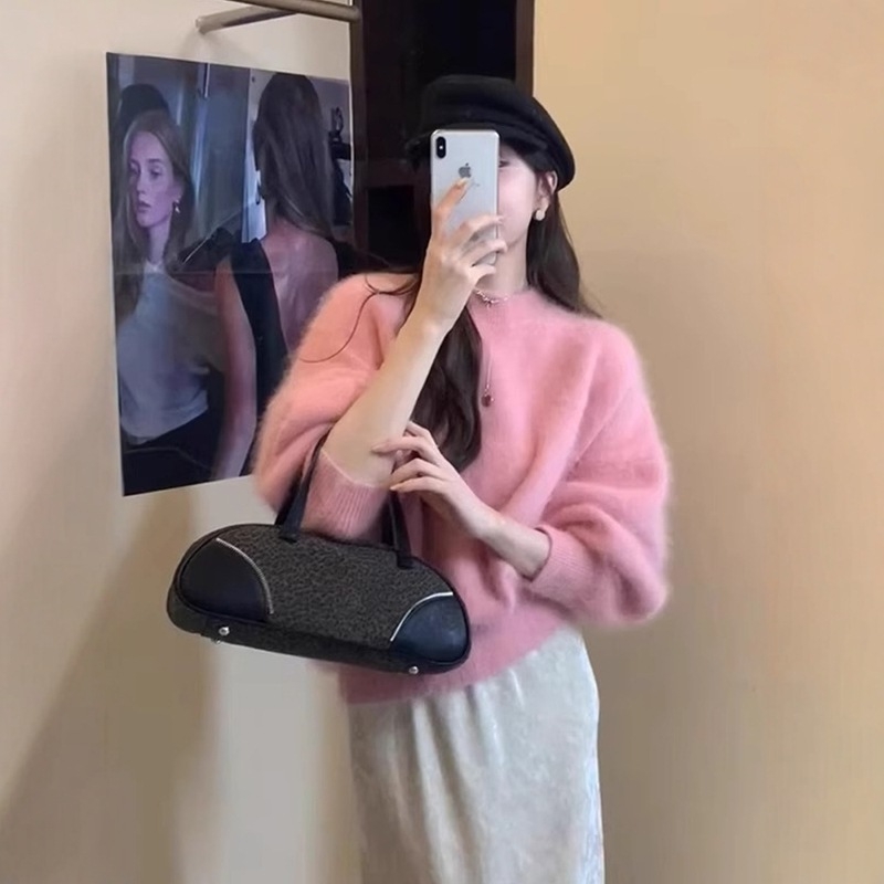 Ženski pulover slobodnog kroja s okruglim izrezom, dugi rukavi, jednobojan, poliester-spandeks mješavina, japansko-korejski casual stil
