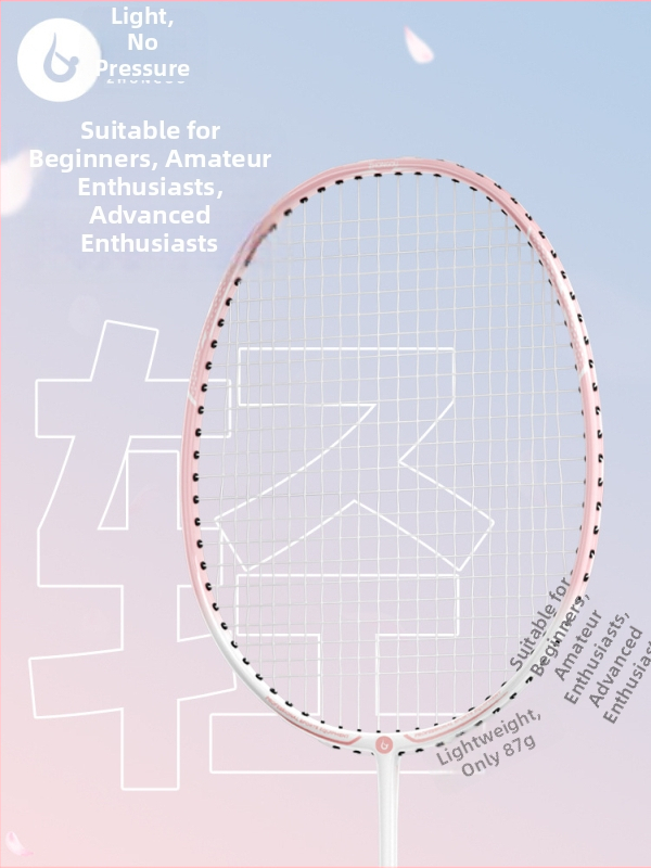 Bedmintonová raketa s rámom z hliníko-karbónu, hmotnosť 85–89 g, úchop G3, priama os, vláknité hodvábne struny