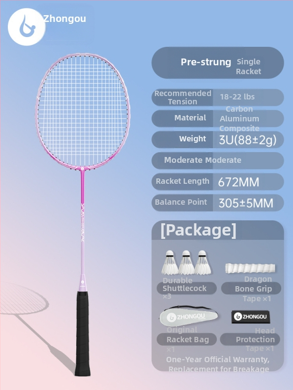 Ρακέτα μπότντον με πλαίσιο από αλουμίνιο-άνθρακα, βάρος 85–89 g, λαβή G3, ίσια ράβδος, ίνες από μετάξι