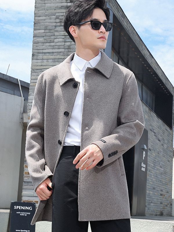 Férfi kétoldalas gyapjúkabát, középhosszú, 100% gyapjú, egysoros zárás