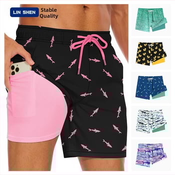 Șorturi de plajă pentru bărbați cu dublu strat, uscare rapidă — 95% poliester, 5% spandex; țesătură țesută, micro-elastic