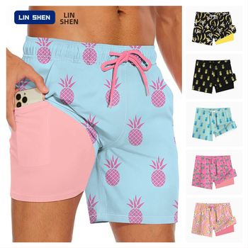 Șorturi de plajă pentru bărbați cu dublu strat, uscare rapidă — 95% poliester, 5% spandex; țesătură țesută, micro-elastic