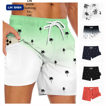 Șorturi de plajă pentru bărbați cu dublu strat, uscare rapidă — 95% poliester, 5% spandex; țesătură țesută, micro-elastic