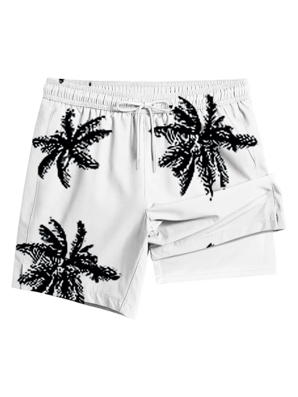 Șorturi de plajă pentru bărbați cu dublu strat, uscare rapidă — 95% poliester, 5% spandex; țesătură țesută, micro-elastic