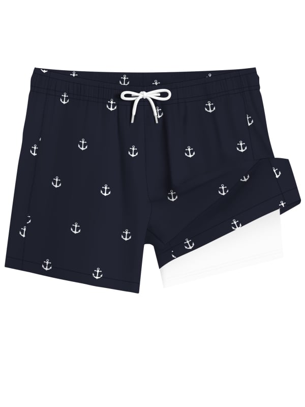 Șorturi de plajă pentru bărbați cu dublu strat, uscare rapidă — 95% poliester, 5% spandex; țesătură țesută, micro-elastic