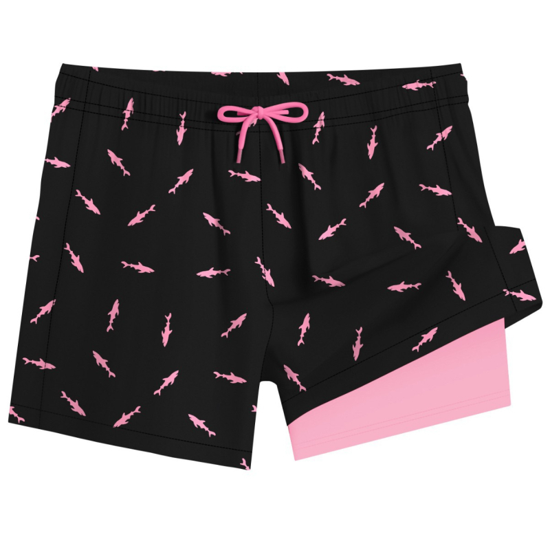 Șorturi de plajă pentru bărbați cu dublu strat, uscare rapidă — 95% poliester, 5% spandex; țesătură țesută, micro-elastic