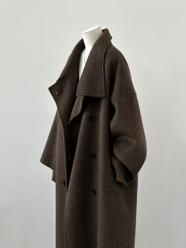 Ženski vuneni kaput, dug, s stojećim ovratnikom, dvostruko kopčanje, udoban kroj, gusta vuna, elegantan gradski stil