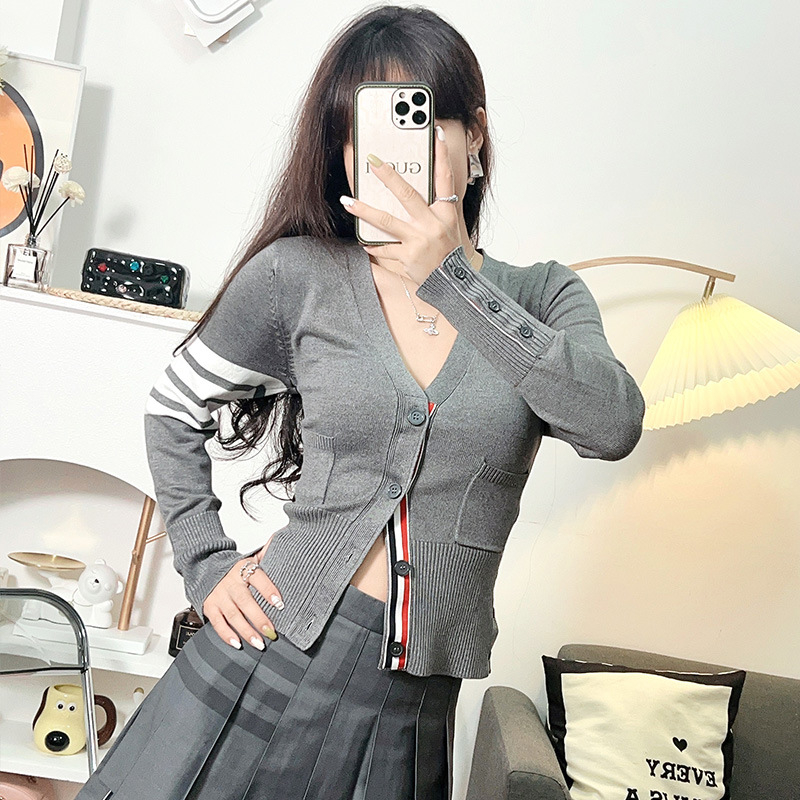 Ženski kardigan od viskoze, pleteni uzorak pruga/plaid, debeo pletenje, strukovni oblik, V izrez, dugi rukavi, Chanel stil